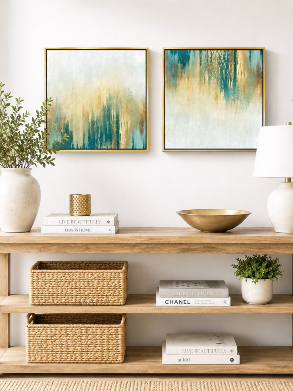 Abstract Wall Art Set of 2 Gold Frame Sage Teal Canvas Prints 12x12 New
